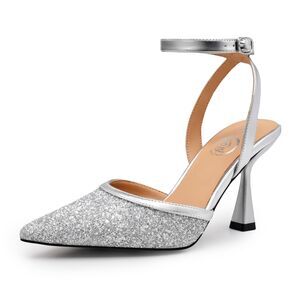 Silver Glitter Heels Pointed Toe Heels, Size 8